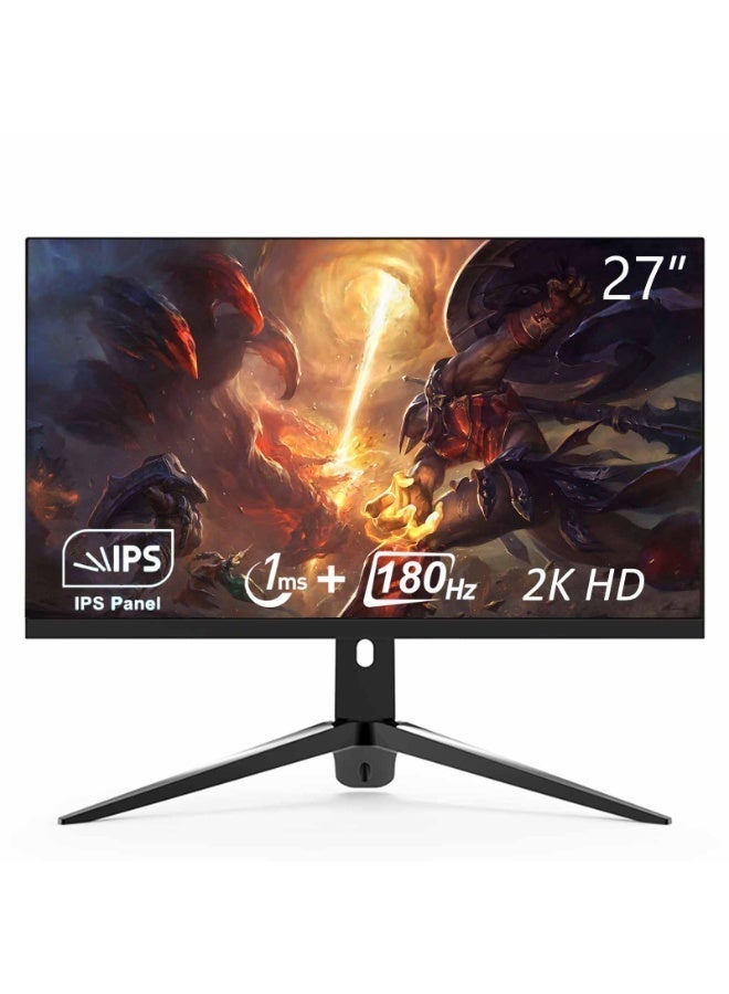 شاشة ألعاب 27 بوصة بدقة 2K، 180 هرتز، 2560 × 1440 بكسل، زمن استجابة 1 مللي ثانية، تدعم تقنية AMD FreeSync، مزودة بمنافذ HDMI/DP، ومكبرات صوت مدمجة، وتقنية تقليل الضوء الأزرق، وخالية من الوميض، وإضاءة خلفية RGB، مثالية للألعاب والعمل، وحامل قابل للرفع والتدوير. - Image 1